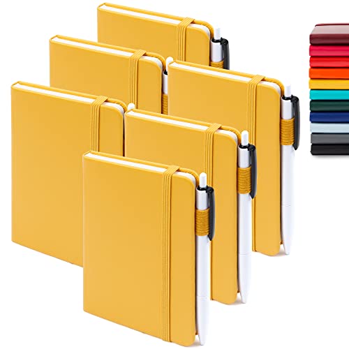 feela 6 Pack Pocket Mini Notebooks Bulk, Small Cute Memo Notepads Hardcover College Ruled Lined Journals with Pen Holder for School Business Work, with 6 Black Pens, 3.5”x 5.5”, A6, Yellow - color: 6 Yellow