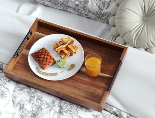 Fibogollo Acacia Wood Set of 2 Serving Tray with Metal Handles,Ottoman Decorative Trays Platter for Coffee Table,Living Room,Bar,Party - size: 15 x 10 in and 17 x 12 in - Set of 2