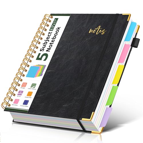 Hardcover Spiral Notebook Journal 8.5" x 11" Leather 5 Subject Notebook with Removable Dividers Tabs, 300 Pages Organizer Notebooks for Work School, College Ruled, Large Lined Journal for Women,Black - color: Black, size: A4