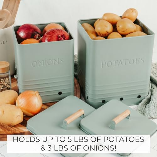 Beautiful Potato and Onion Storage Container Set - Food Safe Metal Bins - color: Sage