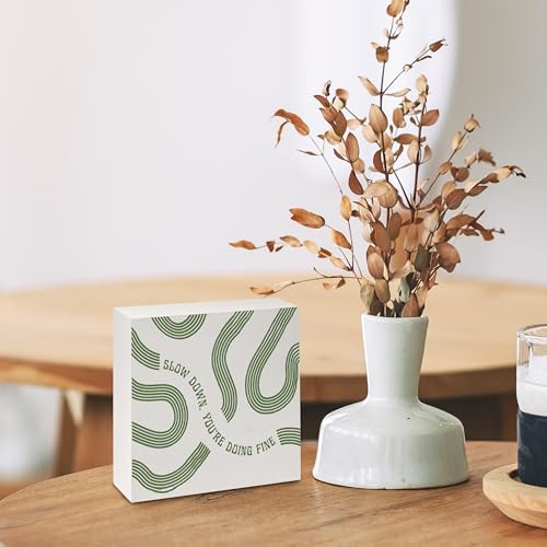 Sage Green Slow Down You're Doing Fine Inspirational Wooden Box Sign, Motivational Positive Affirmation Signs Decorations for Home Desk Shelf Table, 5x5 Inch - color: Slow Down You're Doing Fine