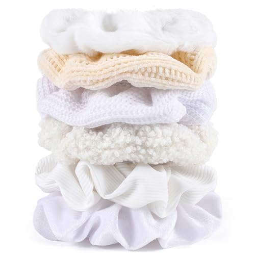 Scrunchies for Women Girls 6Pcs White Velvet Scrunchies for Thick Hair Ultra Textured Soft Scrunchy Hair Ties Kint Elastic Hair Bands Fuzzy Ponytail Holders Cute Hair Accessories Holiday Gift - color: 6PCS White