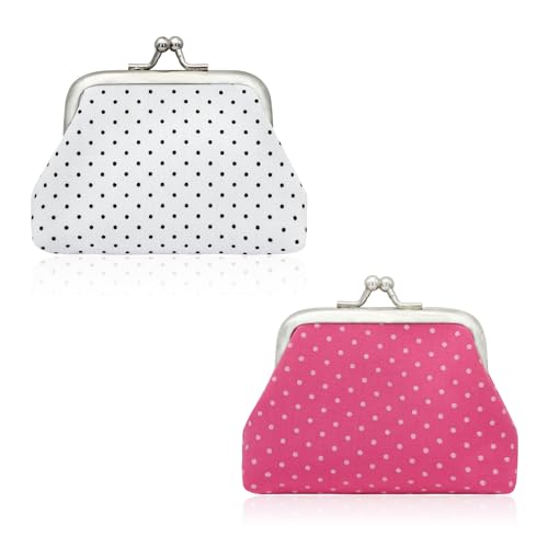 2Pcs Coin Purse for Women, Dot-Patterned Change Purse with Clasp Closure, Small Change Purse for Coin, Changes, Small Kiss Lock Coin Wallet for Girls Women as Gifts (White+Rose Pink) - color: White+Rose Pink