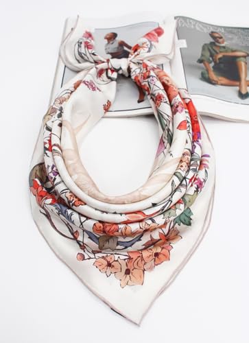 ANDANTINO 100% Mulberry Silk Scarf -Women 35" Square Hair Wraps-Gift Packed - color: Floral-white-twill