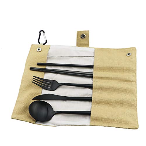 Luxury Black Matte Portable 18/10 Stainless Steel Travel Flatware Sets of 7 Portable Camping Cutlery Set, Healthy & Eco-Friendly Flatware Set with Carrying Case for Travel or Camping - color: Black, size: Khaki Pouch