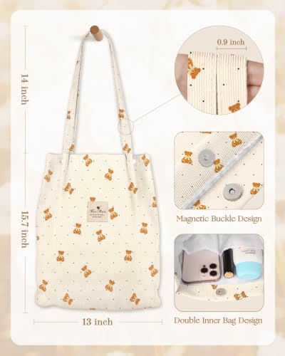 Miss Adola Corduroy Tote Bag for Women Cute Design - color: Polka Dot Bear
