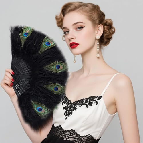 BABEYOND 1920s Marabou Feather Folding Hand Fan - color: Z-black&peacock-black Rib