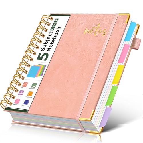 5 Subject Spiral Notebook Journal with Removable Dividers Tabs, 300 Pages Organizer Notebooks for Work School, A5 Hardcover Leather Notebook College Ruled, Lined Journal for Women Men，Pink - color: Pink, size: A5