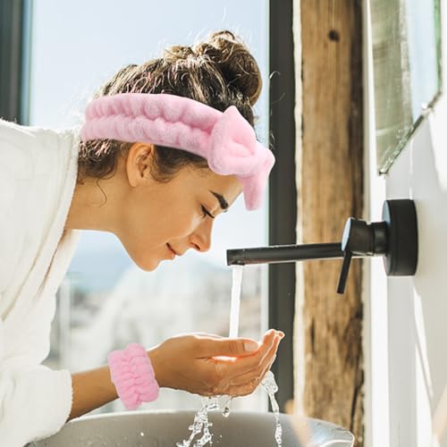 Pink Skincare Bubble headband and wristband set for Face Washing - color: Pink