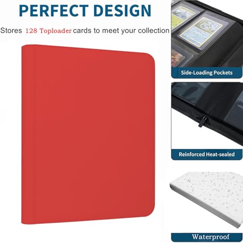 Toploader Binder,4-Pocket Double Sided Top Loaders Binder,Holds 128 Cards in 3"x4" Toploaders,PU Leather Card Binder Abulm for Toploader Trading,Sports,and Gaming Cards (Red) - color: Red
