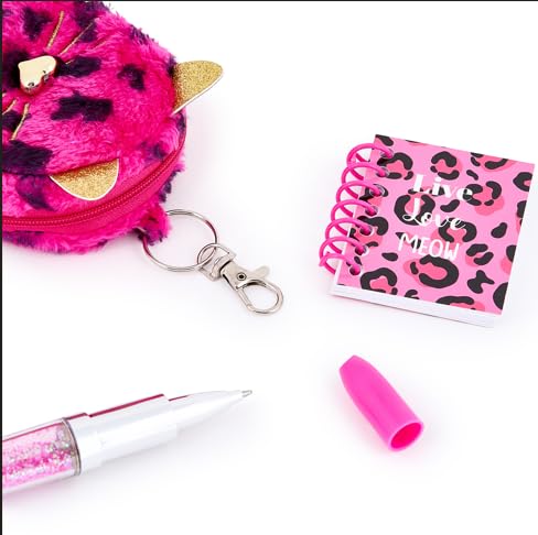VOTUM Pink Leopard Keychain Charm for Backpacks, Purses, Handbags, Car Keys with Stationery Set - Includes Mini Notebook, Gel Pen, Eraser, Stickers - Fun Gift for Tweens & Adults Ages 8+ - style: Pink Leopard Cat