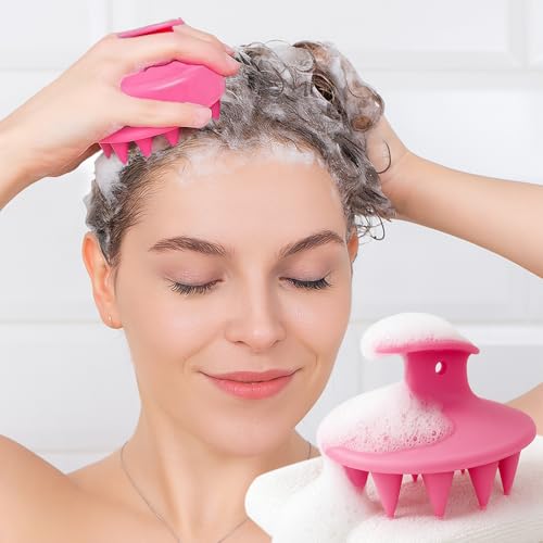 Hair Brushes with Scalp Massager Shampoo Brush, Silicone Hair Scrubber with Soft Bristles for Shower, Wet(Pink) - color: Pink