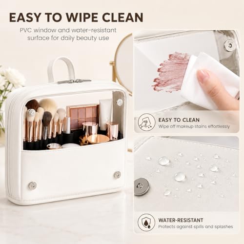 YDR Travel Makeup Brush Holder, Standing Makeup Brush Bag with Clear Window, Detachable Dividers, Large Capacity PU Leather Makeup Brush Case for Women & Makeup Artists - color: White