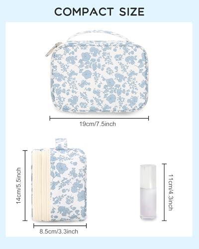 Relavel Travel Makeup Bag, Mini Floral Cosmetic Bag with 2 Layers - color: 01-Blue, size: Small