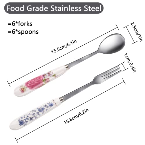 JEPELUS 12Pcs Forks and Spoons with Ceramics Handle, Flatware Set for 6