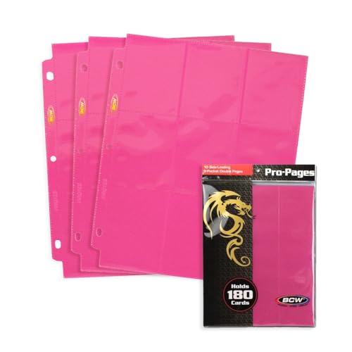 BCW Double-Sided 9-Pocket Pages Holder - 10 Pink Pages | Trading Card Binder Sheets | Secure Side Loading | Ideal Card Storage and Display Solution - color: Pink
