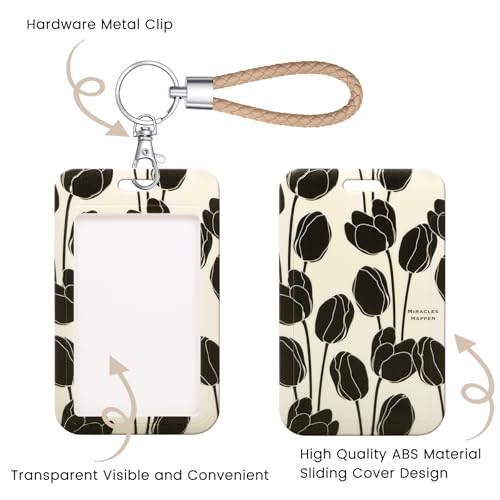 ID Card Badge Holder Key Chain with Metal Keyring, Plastic Slide Open with ID Window for Women Men Girls Students,Black Tulip - color: Black Tulip