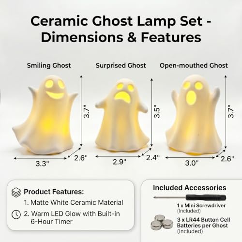 Ceramic Ghost Decor, Light Up Ghost Figurines for Halloween with Timer - color: Matte White