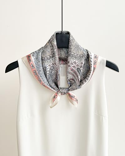 100% Mulberry Silk Scarf for Women Lightweight 21" Small Square Neck Scarf Headscarf Neckerchief Gift Packed - color: Grey Blue Pink Paisley