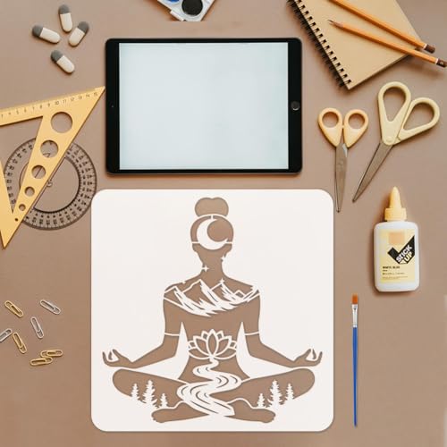 FINGERINSPIRE Yoga Stencil with Paint Brush 11.8x11.8inch Reusable Yoga Pose Stencil Mountains Lotus Flowers Woods Pattern Template Yoga with Natural Scenery Template for Painting on Wood Wall - style: Yoga Pose