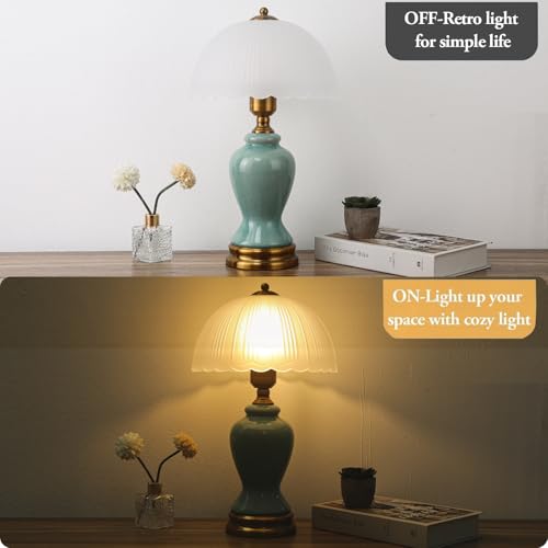 Ceramic Table Lamp Dimmable for Living Room, 16" Modern Vintage Bedside Nightstand Lamps with White Glass Shade,Classic Chinoiserie Retro Bedroom Lamp for Night Stands, Dorm,Office, Home Decor - color: Green vase