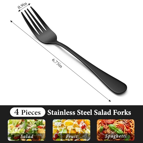 LIANYU Black Salad Forks Set of 4, Stainless Steel Dessert Forks - color: Polished Black