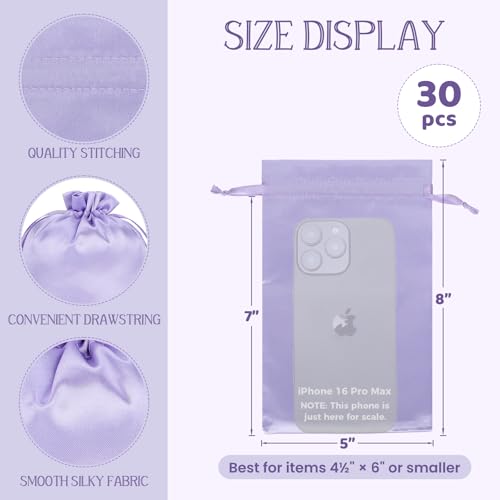 30Pcs Satin Gift Bags, 5x8 Purple Cloth Drawstring Pouch - color: Purple, size: 5×8 in