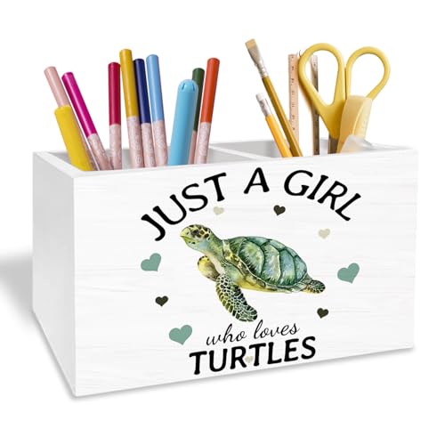 Coastal Beach Sea Turtle Pen Holder for Desk, Gifts for Turtle Lovers Pencil Organizer, Just a Girl Who Loves Turtles Wooden Box Sign Desk Decor for Home Office Decoration - color: TURTLES