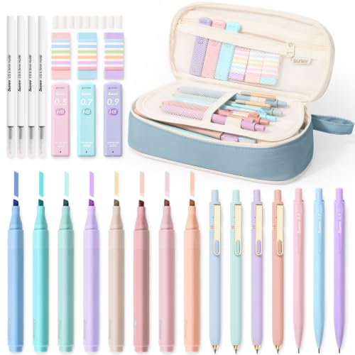 SUNEE Pencil Case with Supplies, 35PCS Aesthetic Stationery Set, Blue - color: Blue, style: 35 Pack