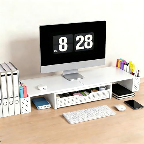 Spacrea Dual Monitor Stand Riser with Drawer and 2 Pen Holders - color: White