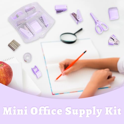 8 Pack Mini Office Supply Kits Mini School Supplies – Includes Mini Stapler, Scissors, Staple Remover, Puncher, Pencil Sharpener, Tape Dispenser (Purple) - color: Purple