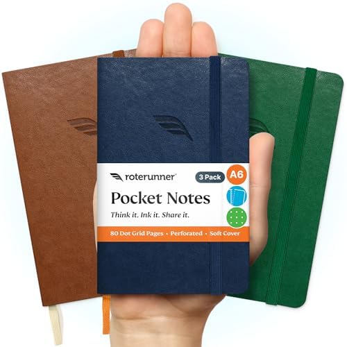 Roterunner A6 Pocket Notebook (Bold Classic) 3 Pack 3.5x5.5 Dotted Mini Notebook Journal 100Gsm Perforated Paper, Work Gym Travel Journal Notebook, Leather Small Notebook Numbered with Notes Index - color: Bold Classic