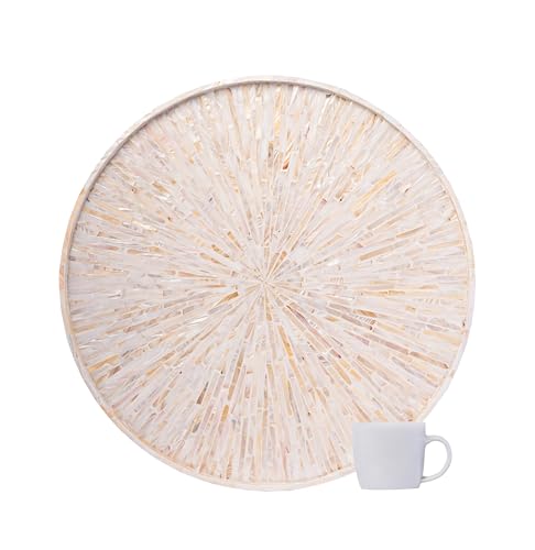 PEMAR 22" Round Mother of Pearl Extra Large Ottoman Tray with Raised Edge, Oversized Decorative Luxury Wooden Serving Tray for Food, Coffee Table, Breakfast in Bed (White Cream Sunlight) - color: White Cream Starburst Sunlight