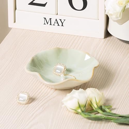 2Pcs Ceramic Jewelry Dish - Lotus Leaf Shape, for Ring Holder Necklace Small Key, Suitable for Mother Friend Sister, Gifts for Women, Cute Plate Trinket Tray, Home Decor (Crystal Green & Green) - color: Crystal Green & Green