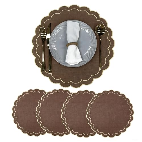 Linen Cotton Placemats Set of 4 Scalloped Flower Embroidery Place Mats 15'' Natural Linen Texture Fabric Machine Washable Table Mats for Restaurant Kitchen,Table Decor(Brown) - color: Brown