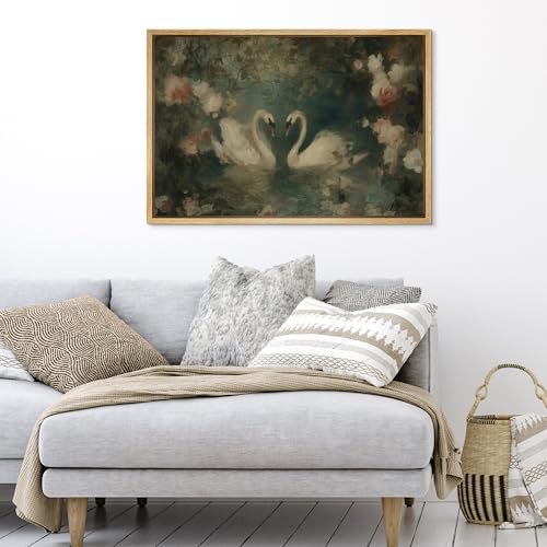 SIGNFORD Framed Canvas Print Wall Art Romantic Swan Pair in Garden Vintage Floral Lake Scene Illustrations Modern Art Decorative Boho Relax/Zen for Living Room, Bedroom, Office - 16x24 NATURAL - color: B08-2508-M25, size: 24"L x 16"W