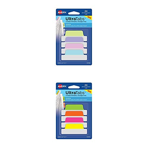 Avery Ultra Tabs, 2.5 x 1 Inch, 2-Side Writable, Pastel Blue/Pink/Purple/Green + Pink/Green/Orange