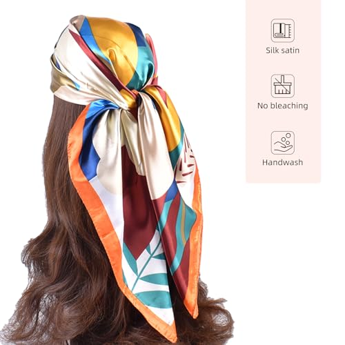 35 Inches Silk Head Scarf-Satin Hair Scarves Silk Bandana Scarf Headscarf for Women's Fashion Scarves - color: Colorful Sunflowers - Orange