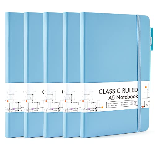 feela 5 Pack Notebooks Journals Bulk, Hardcover Classic Ruled Lined Journals with Pen Holder for Women Girls School Business Supplies, with 5 Black Pens, 120 GSM, 5.1”x8.3”, A5, Blue - color: 5 Blue