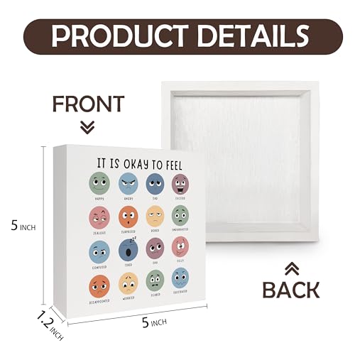Emotions Chart Mental Health Wooden Box Sign, It Is Okay to Feel Feelings Chart Emotions Canvas Prints Wood Signs for School Counseling Office Classroom Desk Table Shelf, 5x5 Inch - color: Mental Health-Emotions Chart