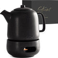 Steinzeit Design Tea Pot with Warmer (44 oz) - Premium Ceramic Teapot with Infuser for Loose Tea - Black Teapot Ceramic with Removable Steamer - size: 44 oz with warmer