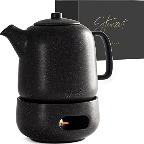 Steinzeit Design Tea Pot with Warmer (44 oz) - Premium Ceramic Teapot with Infuser for Loose Tea - Black Teapot Ceramic with Removable Steamer - size: 44 oz with warmer
