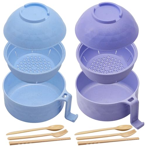 2 Sets 40 oz Microwave Ramen Bowl with Handles, Purple, Light Blue - color: Purple,Light Blue