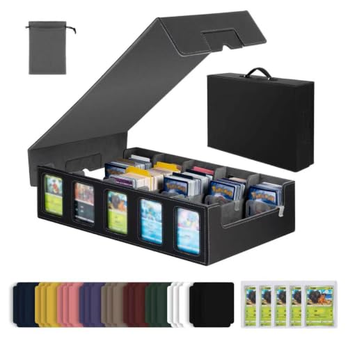 Trading Card Storage Box with Commander Display, 5-Row Deck Case with Removable Lid & Handle, 4000+ Card Organizer with 48 Colorful Dividers & 5 Stoppers for MTG, Black & Grey - color: Black & Grey, size: 4000+, with Handle