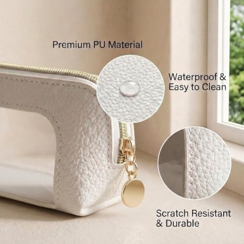 Makeup Brush Bag with Zipper, Portable Cosmetic Brush Organizer Case, Travel Brush Bag with Transparent Window, PU Leather Makeup Brush Storage Pouch for Purse, Bathroom, Vanity, White Pebbled - color: White Pebbled