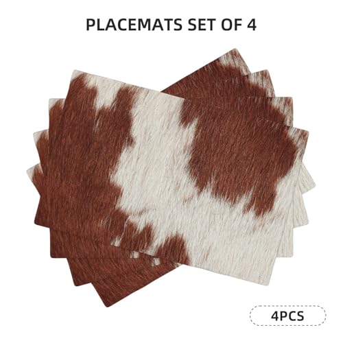 Cowhide Animal Skin Placemats Washable Table Placemat Set of 4 - color: White Brown, size: Set of 4