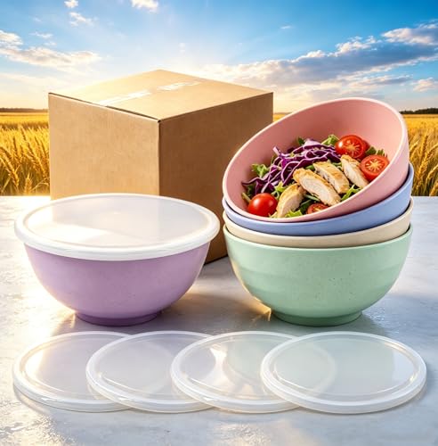 Large 60oz Unbreakable Bowls – Wheat Straw BPA Free Deep Soup Bowls, Microwave Dishwasher Safe for Cereal, Salad, Oatmeal, Ramen – Perfect for Camping & Daily Dining (Bowl-5p with Lid) - color: Bowl-5p with Lid
