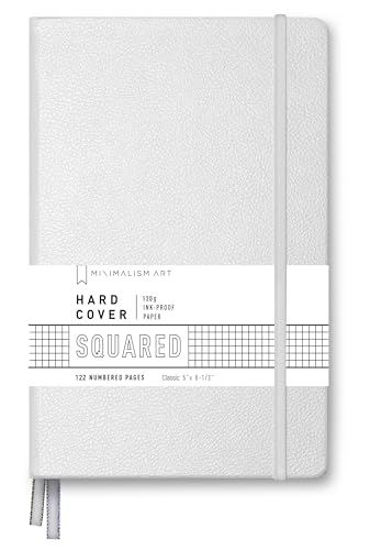 Minimalism Art, Premium Hard Cover Notebook Journal, Classic 5" x 8.3", 122 Numbered Pages, Gusseted Pocket, Ribbon Bookmark, Extra Thick Ink-Proof Paper 120gsm, San Francisco (Squared, White) - color: White, style: Squared