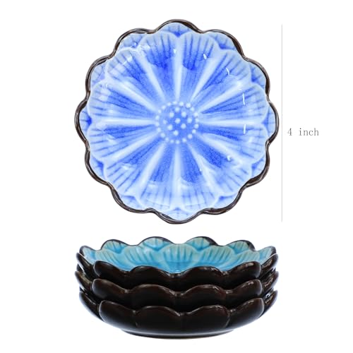 Gaolinci 4 Inches Lotus Shaped Ice Crack Ceramics Seasoning Dishes/Tea Bag Holders/Ketchup Saucer/Appetizer Plates/Vinegar Spice Salad Soy Sushi Wasabi Seasoning Dipping Dishes (Set of 4)