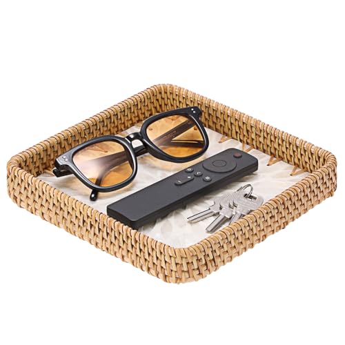 Small Wicker Tray, Handwoven Rattan Key Basket for Entryway Table - color: White, size: 8.3" x 8.3" x 1.6"